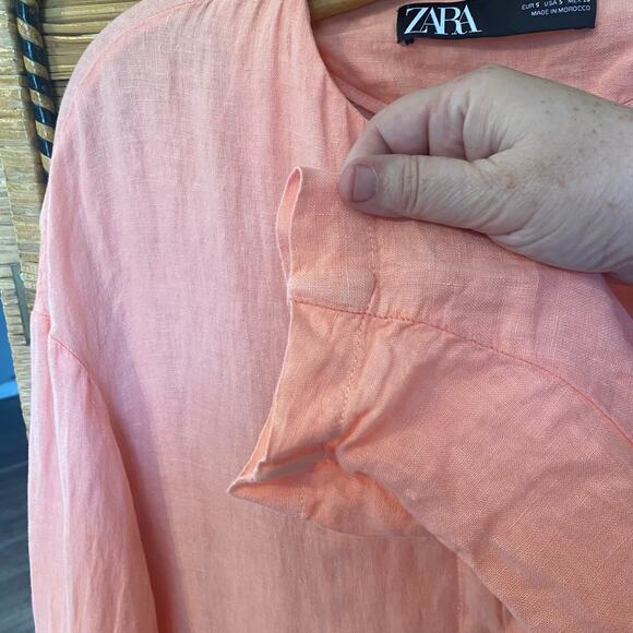 Zara 100% Linen Button Front Tunic Jacket Pink Long Sleeve Pockets Women’s Small - Picture 7 of 9